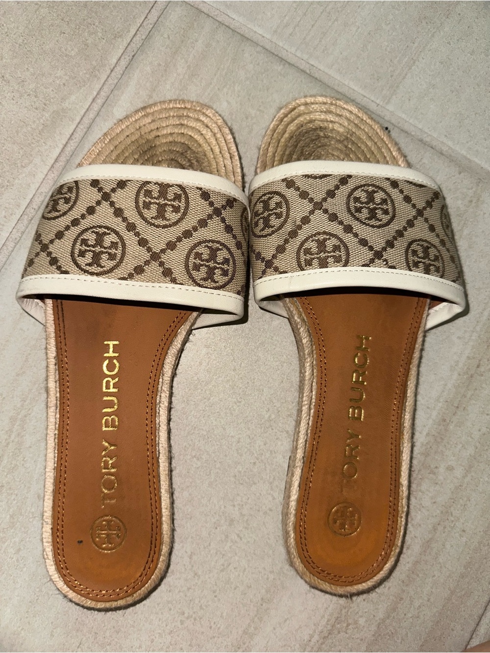Tory Burch Tan and Beige Logo Slide Sandals